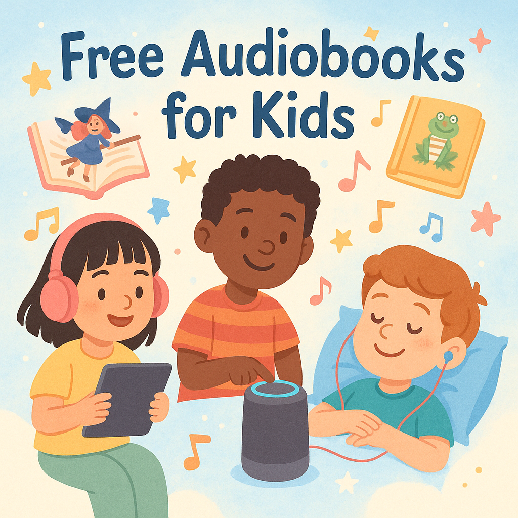 cartoon image of kids listening to free audiobooks